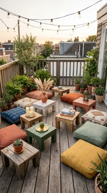 20 Pallet Table Outdoor Boho Rooftop Terrace Floor Cushions 10 10. Pallet Side Tables Throughout the Terrace