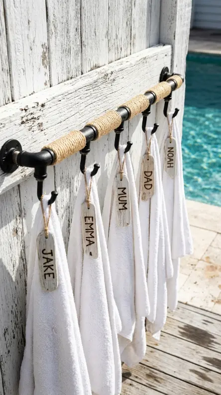 20 Pool Towel Rack Ideas DIY Industrial Pipe Name Tags 10 10. Pipe Rack with Rope-Wrapped Sections and Driftwood Name Tags