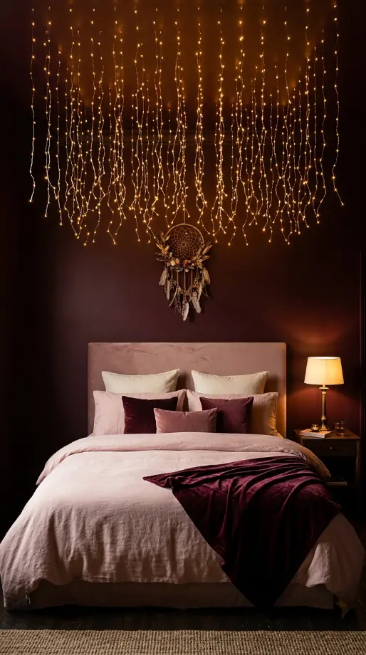 15 Bedroom Decor Colorful Blush Burgundy Romantic Style 10 10. Romantic Blush and Burgundy With Fairy Light Canopy