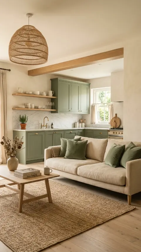 14 Living Room Decor Color Schemes Sage Green Warm White 10 10. Sage Green Kitchen Open to Warm White Living Room