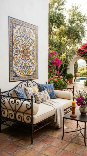 18 Outdoor Living Space Design Spanish Revival Arched Tile 10 10. Spanish Revival Outdoor Lounge With Day Bed and Tile Accent Wall