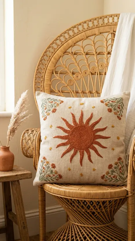20 Bohemian Pillows Natural Fiber Pom Pom Woven Sheepskin 10 10. Style a Linen Pillow With Embroidered Boho Motifs