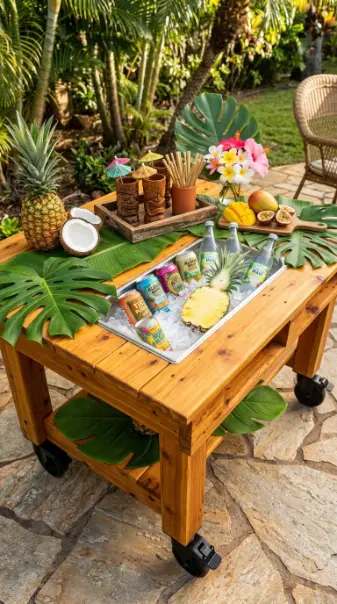 18 Pallet Table Outdoor Built-In Ice Cooler Party Table 10 10. Style the Pallet Cooler Party Table as a Tropical Tiki Bar Station