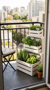 17 Herb Planter Ideas DIY Tiered Wooden Crate Stand 10 10. Tiered Crate Herb Stand for an Apartment Balcony