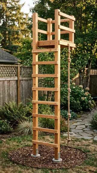 20 DIY Jungle Gym Small Space Compact Tiny Backyard 10 10. Vertical Cedar Ladder Tower — Minimal Footprint