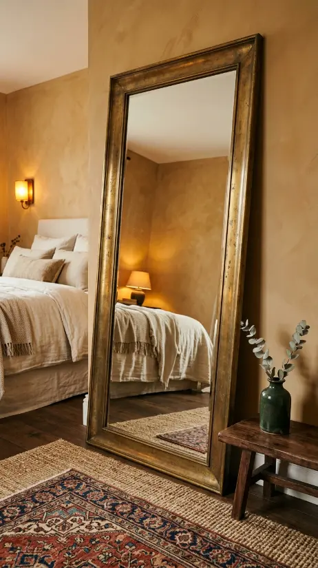 22 Cozy Warm Bedroom Aesthetic Vintage Brass Layered Rugs 10 10. Vintage Brass Mirror as Bedroom Statement