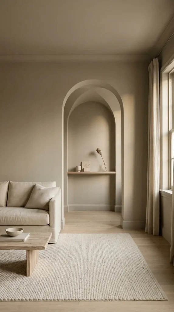 15 Cozy Minimalist Living Room Warm Greige Color Drenched 10 10. Warm Greige Room With Arched Doorway or Niche Painted in Continuous Greige
