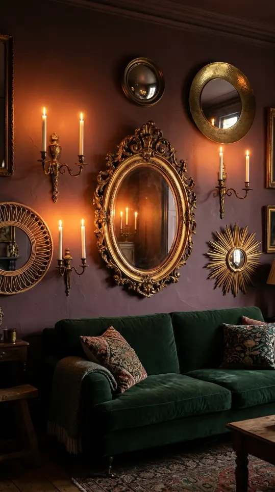 17 Bohemian Mirror Gallery Wall Living Room Vintage Eclectic 11 11. Bohemian Maximalist Mirror Wall With Candle Sconces