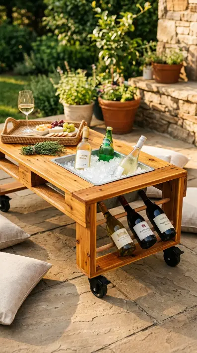18 Pallet Table Outdoor Built-In Ice Cooler Party Table 11 11. Build a Pallet Cooler Table With a Built-In Wine Bottle Rack on One End