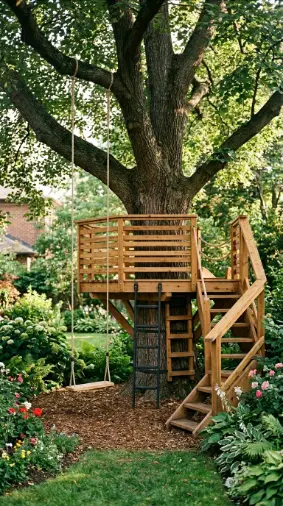22 DIY Kids Playground With Cedar Swing Set and Slide 11 11. Cedar Playground Incorporating an Existing Garden Tree