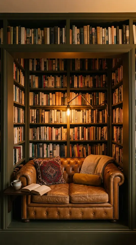 16 Bohemian Living Room Dark Olive Book Wall Chesterfield 11 11. Chesterfield Reading Nook Within Book Wall Alcove