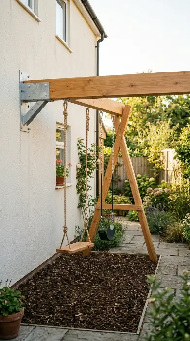 20 DIY Jungle Gym Small Space Compact Tiny Backyard 11 11. Compact Cedar Swing Set Built Against House Wall
