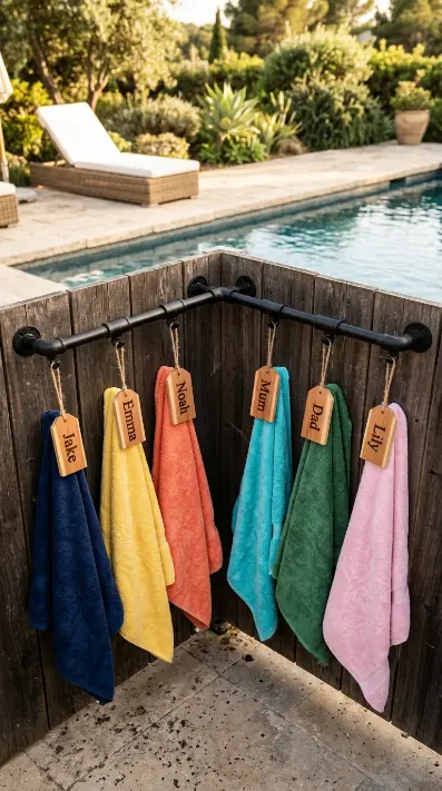 20 Pool Towel Rack Ideas DIY Industrial Pipe Name Tags 11 11. Corner Pipe Rack — L-Shape Configuration with Name Tags