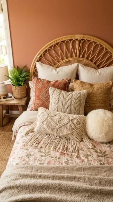 20 Bohemian Pillows Natural Fiber Pom Pom Woven Sheepskin 11 11. Create a Boho Bed Pillow Arrangement With Five Natural Fiber Types