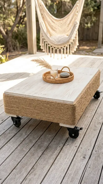 18 Pallet Table DIY Whitewashed Outdoor Patio Wheels 11 11. Create a Whitewashed Pallet Table With a Rope Wrapped Edge