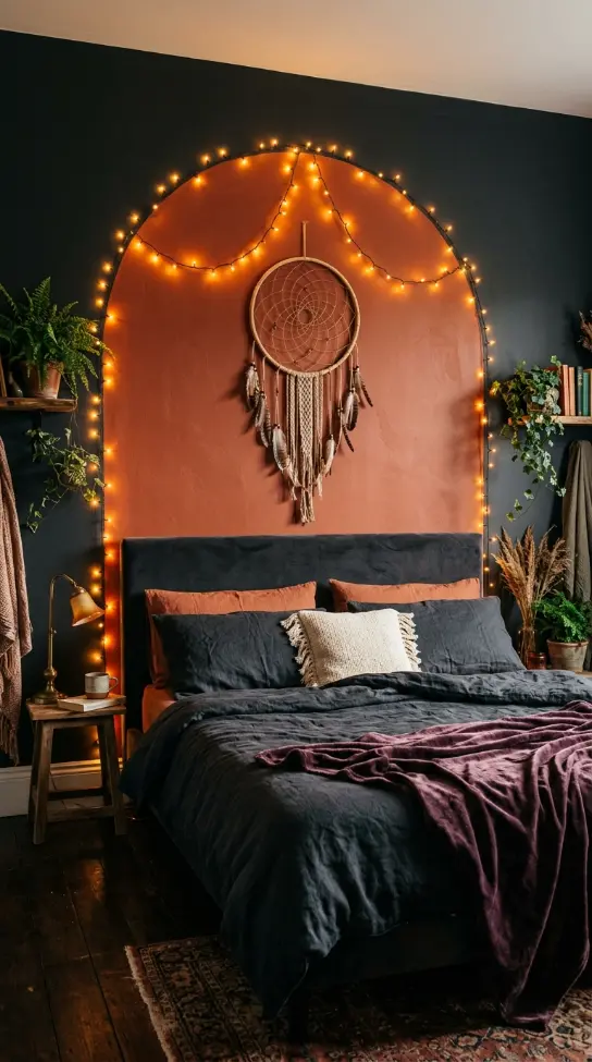 18 Bohemian Bed Dark Charcoal Fairy Light Dreamcatcher 11 11. Dark Charcoal Bed in Boho Bedroom With Terracotta Arch Painted Wall