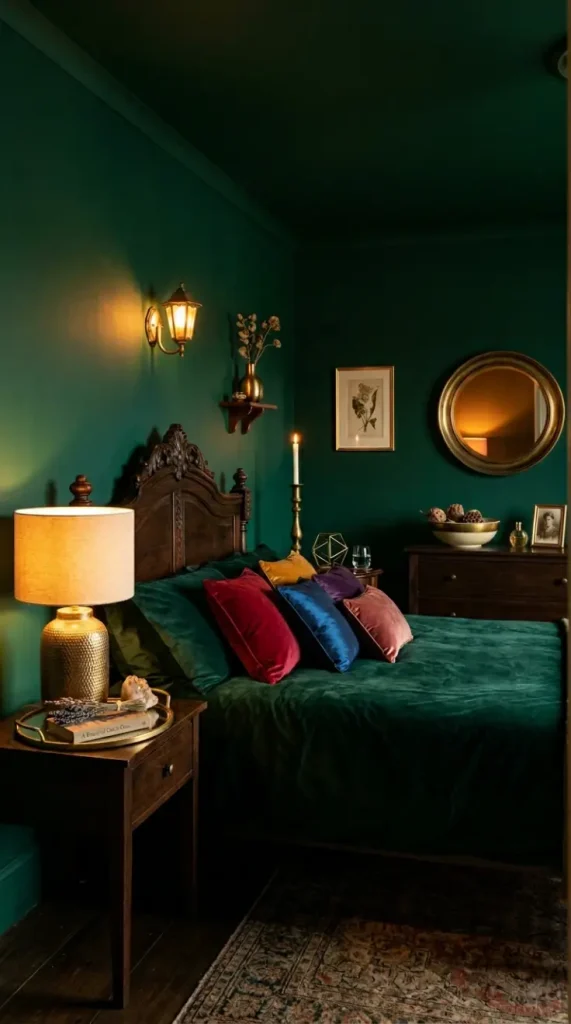 12 Bedroom Decor Colorful Jewel Tone Emerald Gold Moody 11 11. Dark Emerald Bedroom With Warm Gold Accessories and Objects