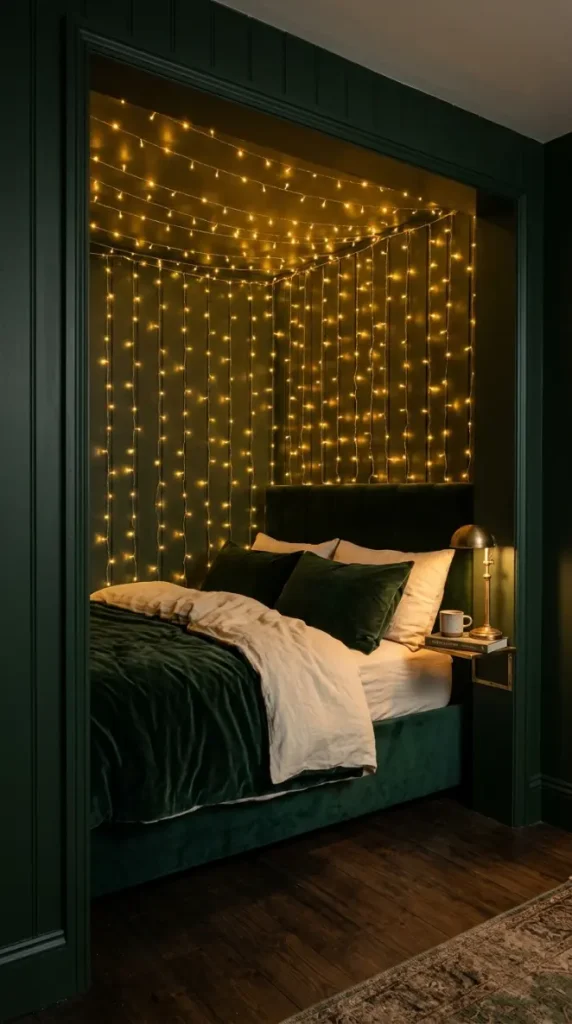 22 Cozy Warm Bedroom Aesthetic Dark Green Fairy Lights 11 11. Dark Green and Fairy Light Headboard Nook — Alcove Bed