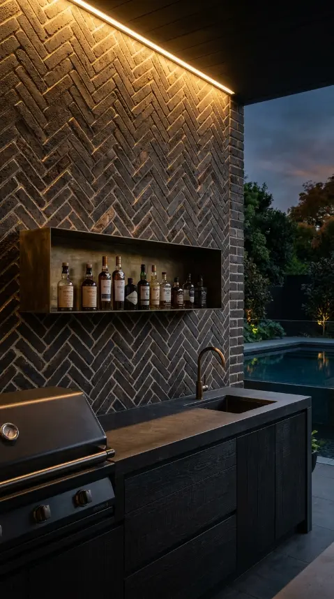 20 High End Outdoor Kitchen Inspiration Dark Moody Style 11 11. Dark Moody Outdoor Kitchen With Herringbone Dark Brick Back Wall