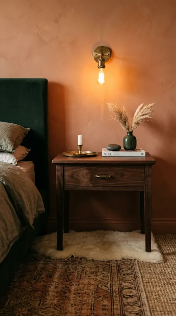 22 Cozy Warm Bedroom Aesthetic Vintage Brass Layered Rugs 11 11. Dark Walnut Furniture Against Layered Rugs