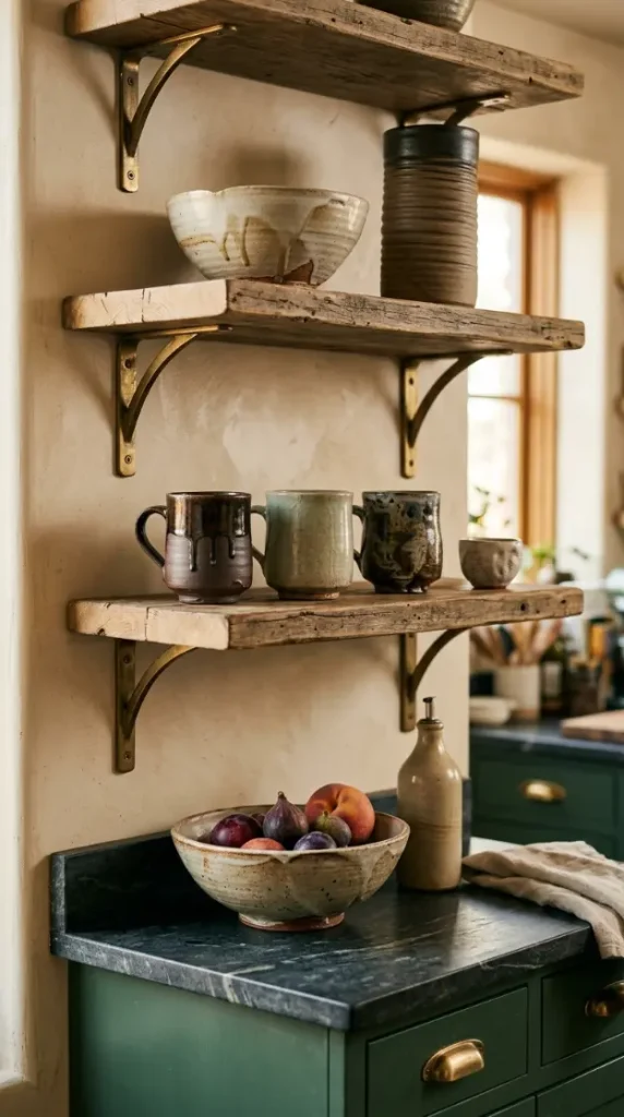 18 Modern Boho Kitchen Ideas Forest Green Soapstone Brass 11 11. Forest Green Kitchen With Wabi-Sabi Ceramic Collection