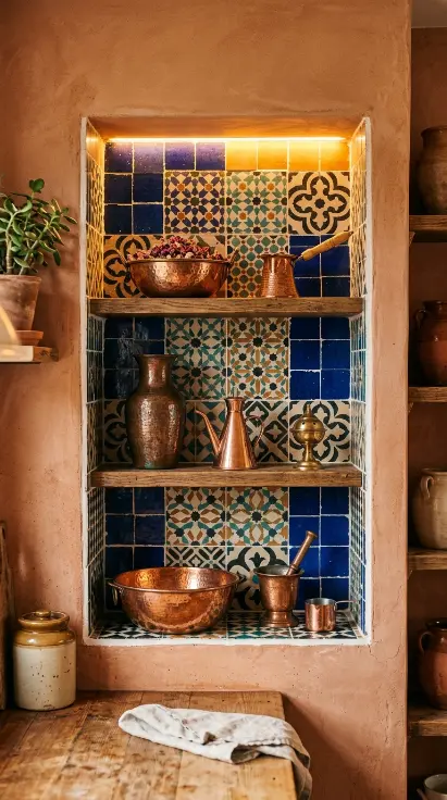12 Bohemian Kitchen Ideas Global Patchwork Tile Copper Pots 11 11. Global Patchwork Tile Niche With Copper Vessel Display