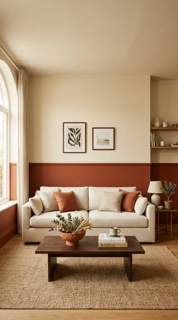 16 Living Room Decor Color Schemes Warm Terracotta Cream 11 11. Half-and-Half Terracotta and Cream Wall Treatment