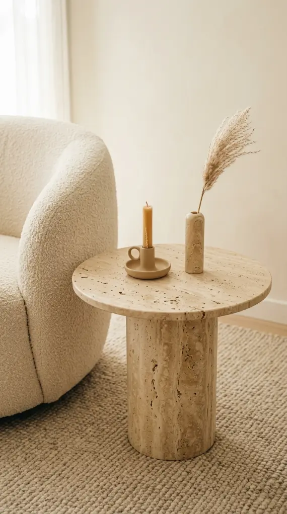 18 Minimalist Living Room Decor Ideas Warm Texture Curved 11 11. Introduce a Round Travertine Side Table as a Warm Mineral Accent