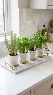 15 Herb Planter Ideas Luxury Marble Kitchen Brass Pots 11 11. Marble Herb Pots on a Luxury Kitchen Windowsill With Brass Window Hardware