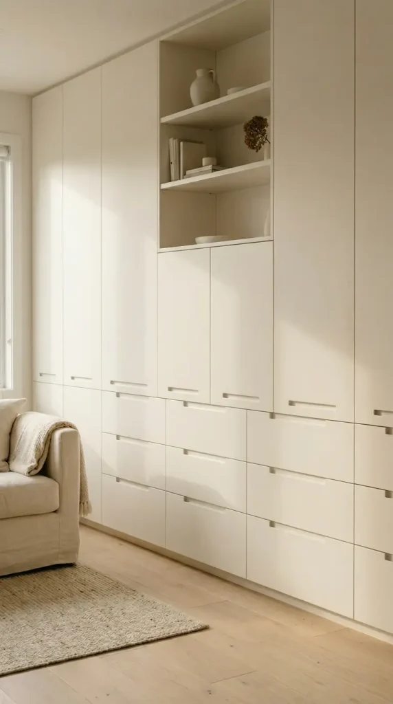 13 Minimalist Living Room Small Spaces Built-In Storage 11 11. Minimalist Built-In Storage With Thin Recessed Pulls as the Only Hardware Detail