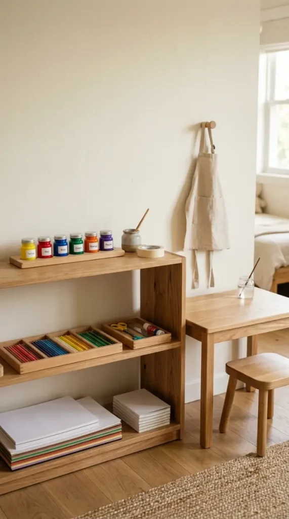 12 Kids Room Corner Decor Inspiration Art Station Creative 11 11. Montessori-Style Open Art Corner With Low Accessible Shelving