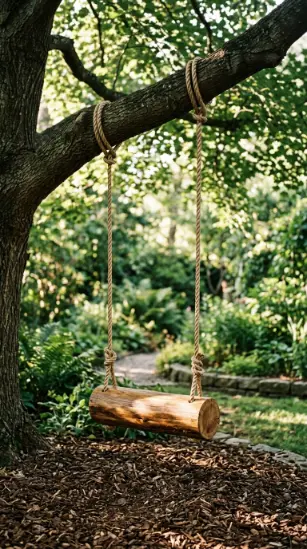 22 DIY Outside Play Area for Kids Natural Log and Stump 11 11. Natural Log Swing Suspended From Tree Branch