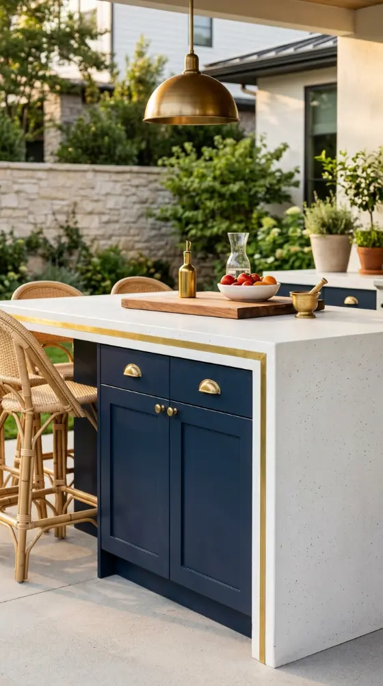 20 Modern Summer Kitchen Decor Ideas Navy Brass Island 11 11. Navy Island With Brass-Edged White Concrete Counter and Waterfall End