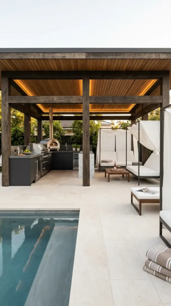 24 Outdoor Kitchen Ideas Luxury Resort Style With Pool 11 11. Outdoor Kitchen Cabana With Lounging Area and Service Counter