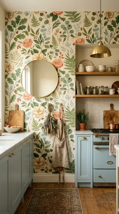 12 Bohemian Kitchen Pale Blue Vintage Range Brushed Gold 11 11. Pale Blue Kitchen With Floral Wallpaper Accent Wall