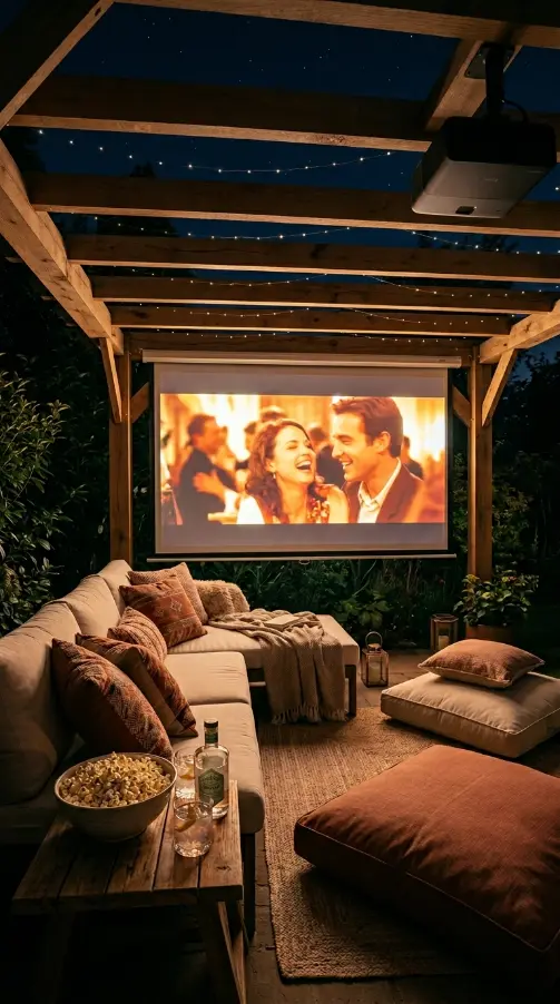 32 Outdoor Living Space Design Luxury Pergola Lounge Area 11 11. Pergola with Outdoor Cinema Screen