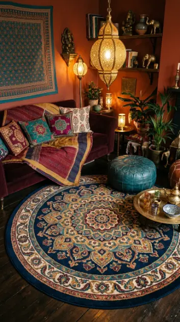 14 Bohemian Rugs Round Mandala Maximalist Colorful Room 11 11. Round Mandala Rug Styled With Moroccan and Indian Textile Mix
