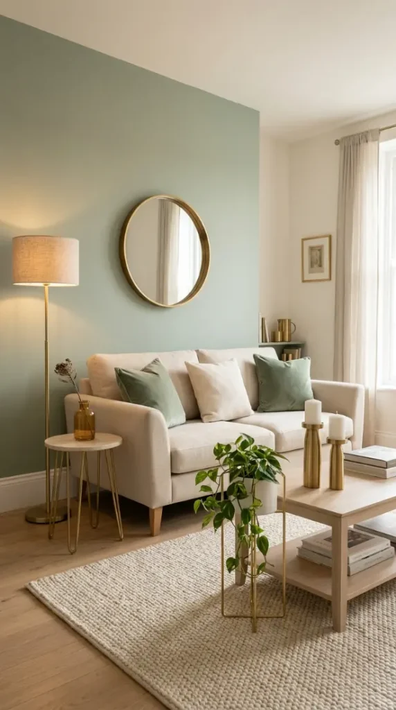 14 Living Room Decor Color Schemes Sage Green Warm White 11 11. Sage Green and Warm White With Warm Brass Accents Throughout