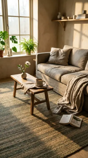 14 Bohemian Rugs Natural Jute Seagrass Earthy Living Room 11 11. Seagrass Rug at Morning Light With Simple Styling