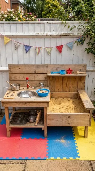 22 DIY Kids Playground Sandbox and Water Table for Small Yards 11 11. Small Yard Mud Kitchen Integrated With Sandbox