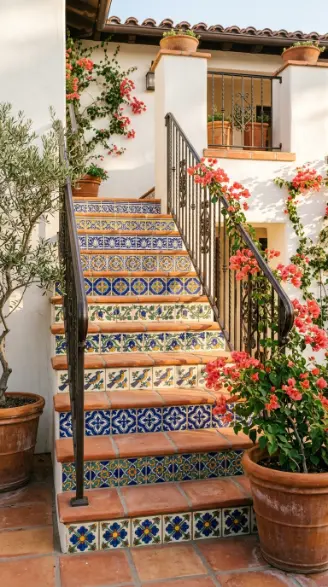 18 Outdoor Living Space Design Spanish Revival Arched Tile 11 11. Spanish Revival Tiled Staircase and Landing
