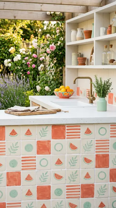 22 Colorful Summer Kitchen Decor Ideas Outdoor Coral Mint 11 11. Summer Kitchen With Coral and Mint Hand-Painted Tile Counter Face