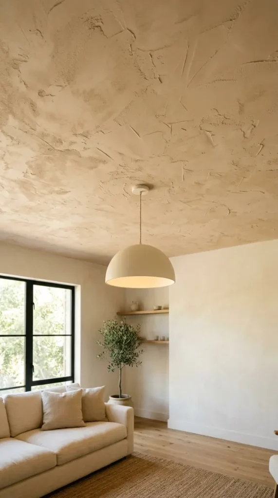 22 Minimalist Living Room Decor Ideas Sculptural Plaster 11 11. Textured Plaster Ceiling — The Overlooked Surface