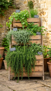 17 Herb Planter Ideas DIY Tiered Wooden Crate Stand 11 11. Tiered Crate Stand With Trailing Herb Cascades