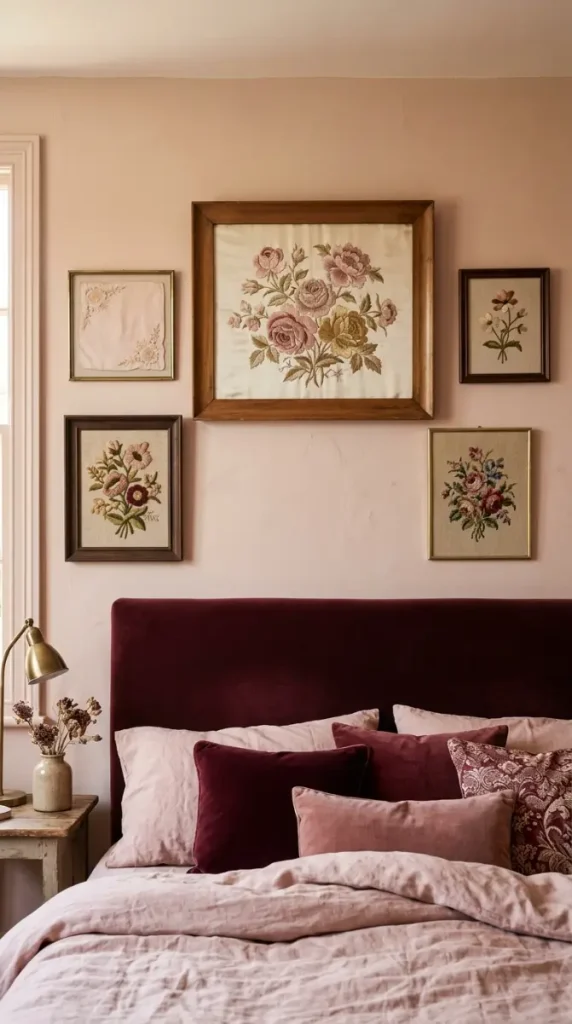 15 Bedroom Decor Colorful Blush Burgundy Romantic Style 11 11. Vintage Floral Embroidered Textile Gallery Above Bed