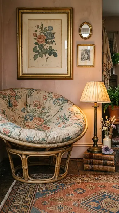 15 Bohemian Chair Ideas With a Cozy Rattan Papasan Look 11 11. Vintage Rattan Papasan With Faded Floral Cushion and Antique Styling