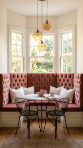 20 DIY Breakfast Nook Bay Window Wraparound Banquette 12 12. Add Under Window Display Shelving Between the Banquette and Glass