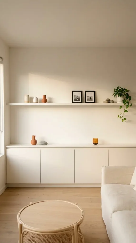 13 Minimalist Living Room Small Spaces Built-In Storage 12 12. Built-In Low Sideboard Wall With Display Ledge Above