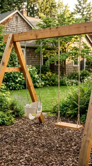 22 DIY Kids Playground With Cedar Swing Set and Slide 12 12. Cedar Swing Set With Baby Bucket Swing
