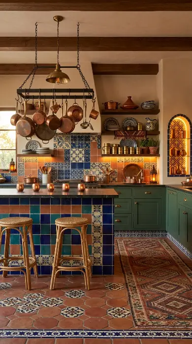 12 Bohemian Kitchen Ideas Global Patchwork Tile Copper Pots 12 12. Complete Global Patchwork Tile and Copper Pot Kitchen — All Elements Together